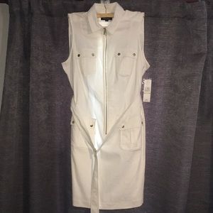 Sharagano short white stretch denim dress